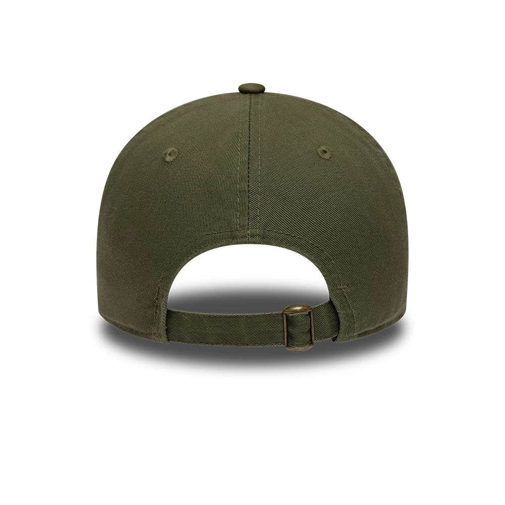 Williams Washed Green New Era 9TWENTY Adjustable Cap, rear view showing the unstructured crown with eyelets, adjustable strap with a buckle, and a seamless green back panel enhancing the relaxed silhouette of the cap.