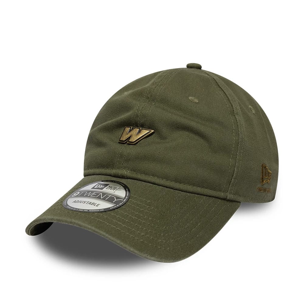 Williams Washed Green New Era 9TWENTY Adjustable Cap, three-quarter view showing a gold embroidered W logo on the front panel, gold New Era flag logo on the left side, and a 9TWENTY size sticker on the green curved visor.