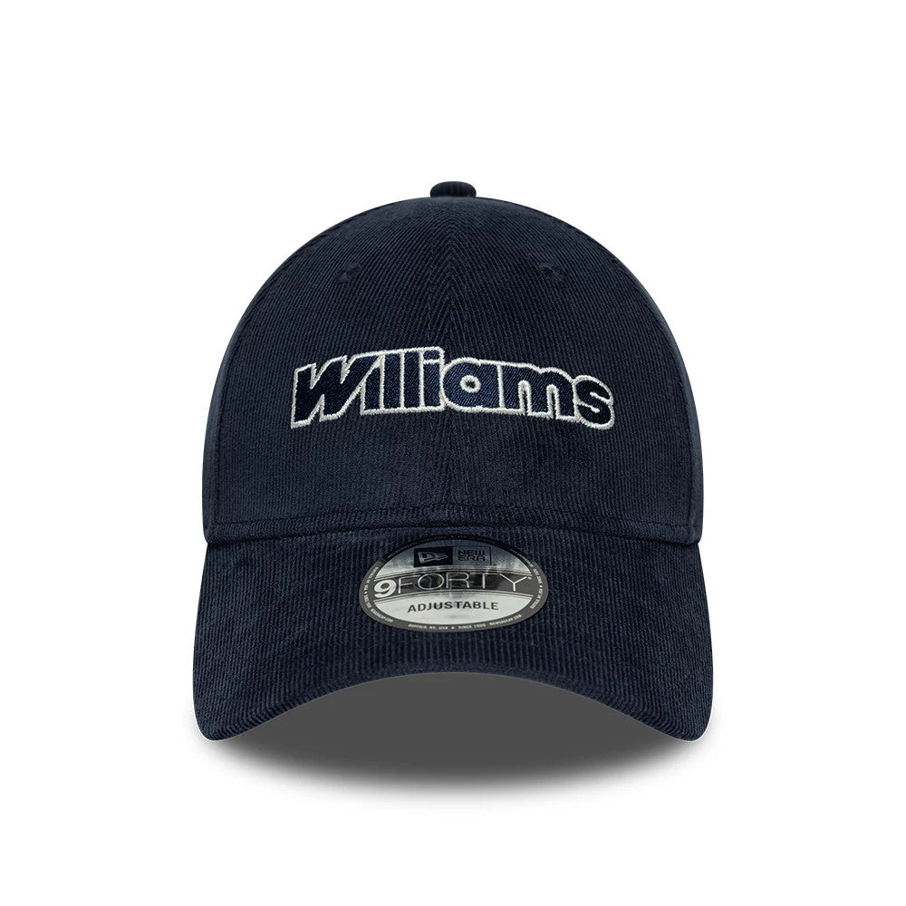 Williams Cord Navy New Era 9FORTY Adjustable Cap, front view showing the white Williams logo in raised embroidery on the navy crown, with matching navy curved visor and centred 9FORTY size sticker.
