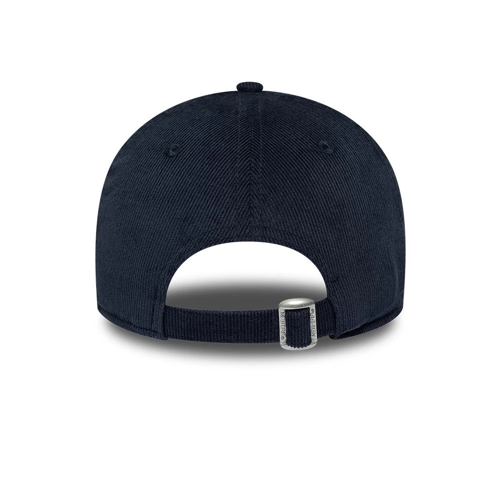 Williams Cord Navy New Era 9FORTY Adjustable Cap, rear view showing the navy corduroy fabric and adjustable strap with buckle at the back, along with embroidered eyelets on the structured crown.
