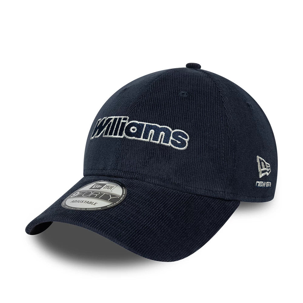 Williams Cord Navy New Era 9FORTY Adjustable Cap, three-quarter view showing the embroidered Williams logo in white across the front, with a curved visor featuring a 9FORTY size sticker and the New Era flag logo on the left side.