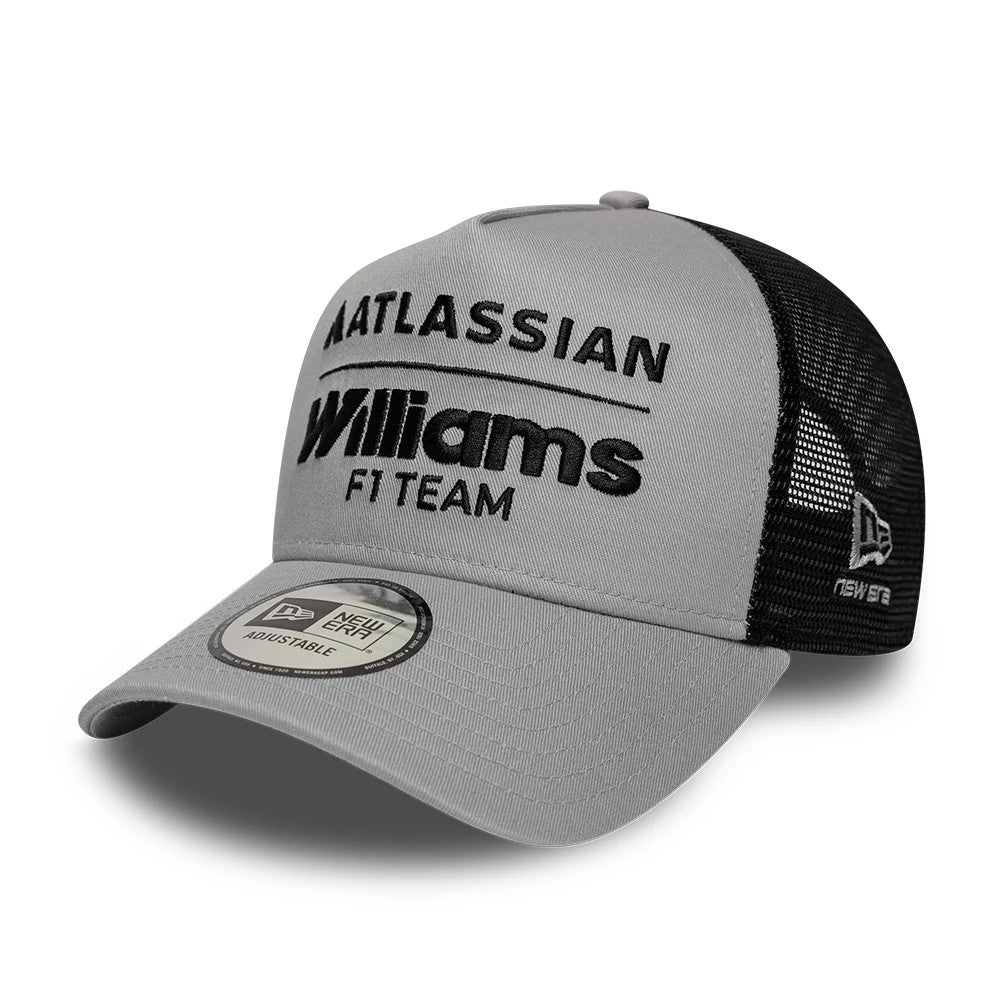 Williams E-Frame Grey New Era 9FORTY A-Frame Trucker Adjustable Cap, front view showing the black embroidered Atlassian Williams F1 Team logo on the structured grey crown, grey curved visor with a size sticker and black mesh back panels.