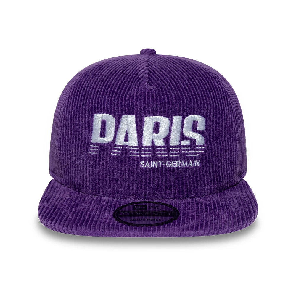 Paris Saint-Germain Washed Cord Purple New Era 19TWENTY Adjustable Cap, front view showing raised white Paris Saint-Germain embroidery on the structured purple corduroy crown, complemented by a flat purple visor with a black 19TWENTY size sticker.