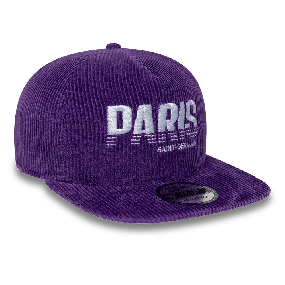 Paris Saint-Germain Washed Cord Purple New Era 19TWENTY Adjustable Cap, three-quarter view showing raised white Paris Saint-Germain embroidery across the front panels, with a structured purple corduroy crown.