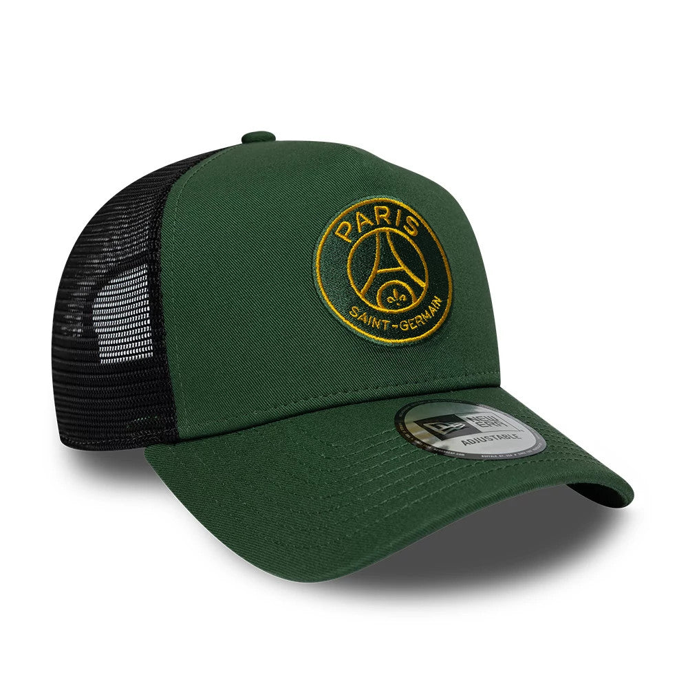 Paris Saint-Germain PSG Dark Green New Era 9FORTY E-Frame Adjustable Cap, three-quarter view showing the gold embroidered PSG emblem on the front panels, black mesh side panels, and a curved dark green visor with a 9FORTY size sticker.