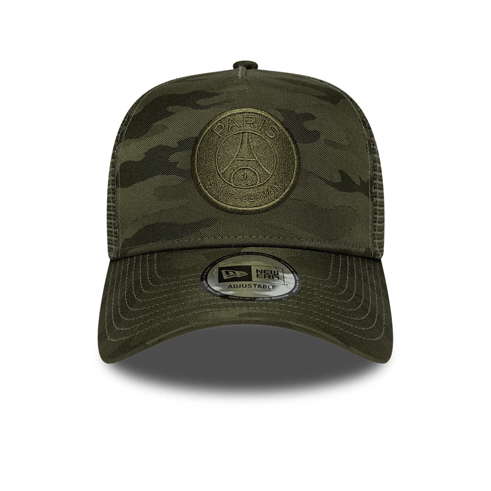 Paris Saint-Germain Camo Green New Era 9FORTY E-Frame Adjustable Cap, front view showing a raised embroidered logo on the structured camo front panel, black mesh side and back panels, and New Era 9FORTY size sticker on the curved visor.