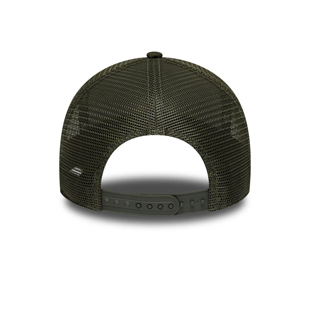 Paris Saint-Germain Camo Green New Era 9FORTY E-Frame Adjustable Cap, rear view showing the dark green mesh back with an adjustable snap closure, round top button, and structured crown, with no logos on the back.