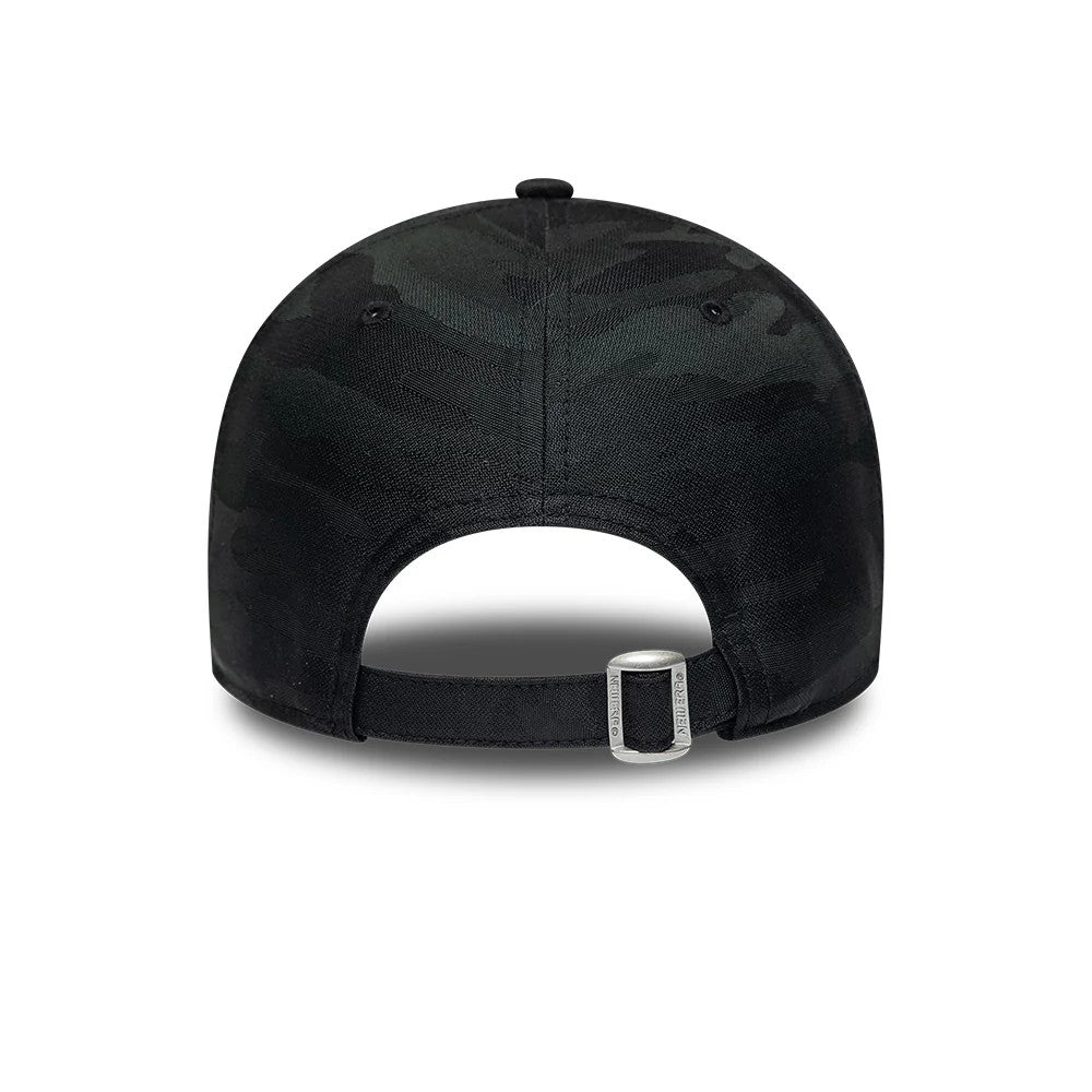 Paris Saint-Germain Camo Black New Era 9FORTY Adjustable Cap, rear view showing the camouflage pattern on the structured crown, with an adjustable strap and buckle at the back, and matching black eyelets on the panels.