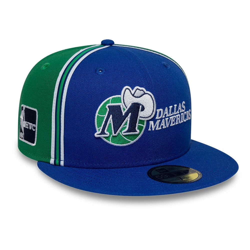 Dallas Mavericks NBA Hardwood Classic Players Blue New Era 59FIFTY Fitted Cap, front view showing the raised embroidered Mavericks logo with a cowboy hat on the blue front panel, green side panel with HWC logo.