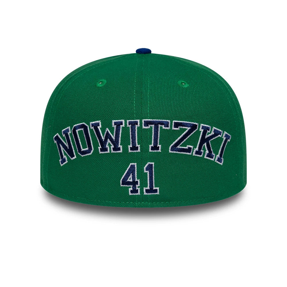 Dallas Mavericks NBA Hardwood Classic Players Blue New Era 59FIFTY Fitted Cap, rear view showing Nowitzki and number 41 embroidered in navy and white lettering across the structured green crown, with a coordinating top button.