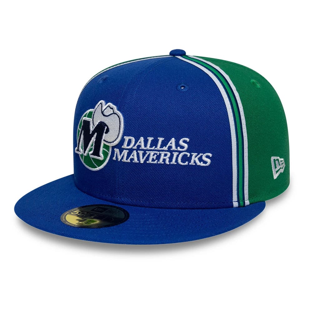 Dallas Mavericks NBA Hardwood Classic Players Blue New Era 59FIFTY Fitted Cap, front view showing the raised white and navy embroidered Dallas Mavericks logo on the front panels, blue visor with a gold 59FIFTY size sticker, and green side panels.