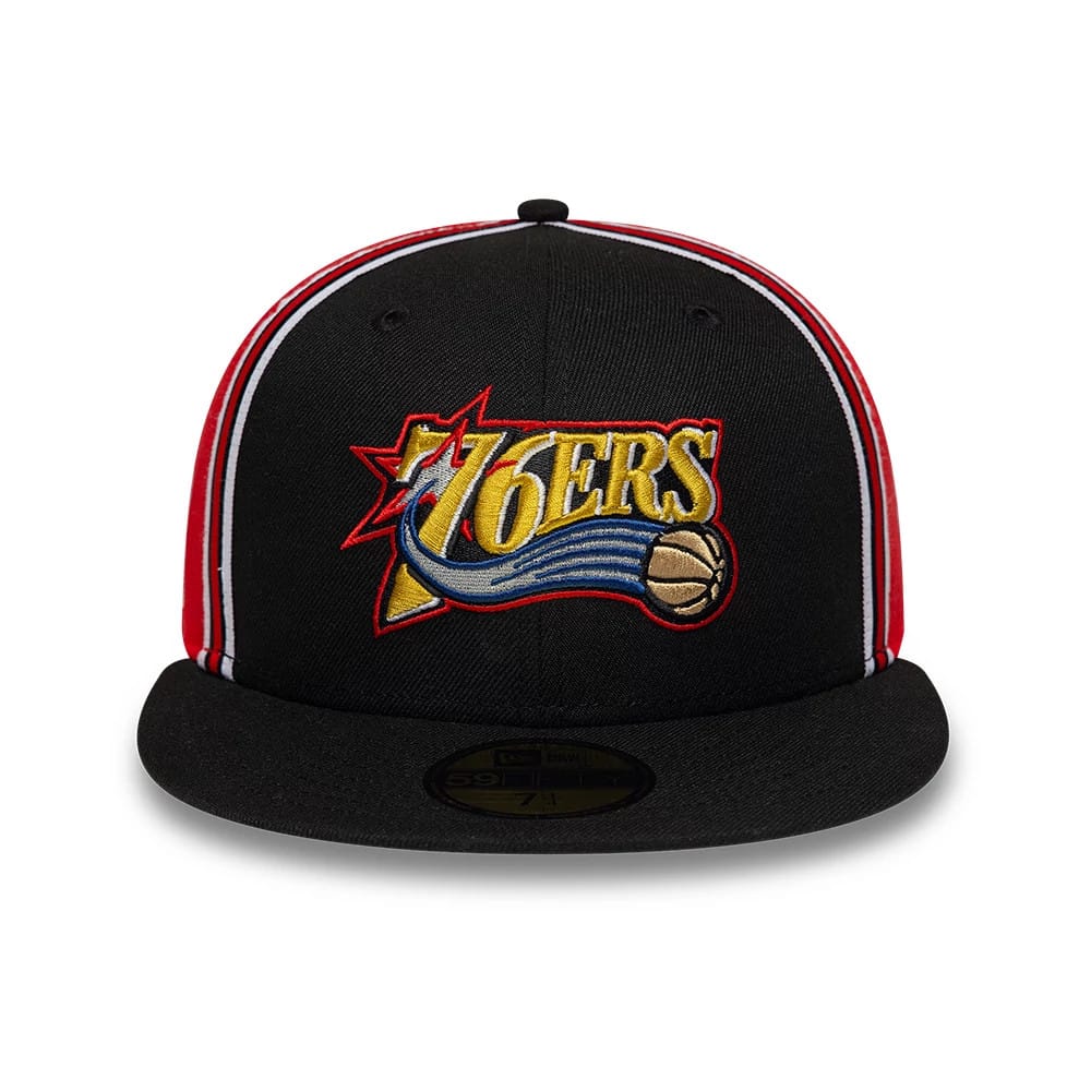Philadelphia 76ers NBA Hardwood Classic Players Black New Era 59FIFTY Fitted Cap, front view showing the raised embroidered 76ers logo in gold, blue and red on the front panel, with red side stripes and a gold 59FIFTY size sticker on the visor.