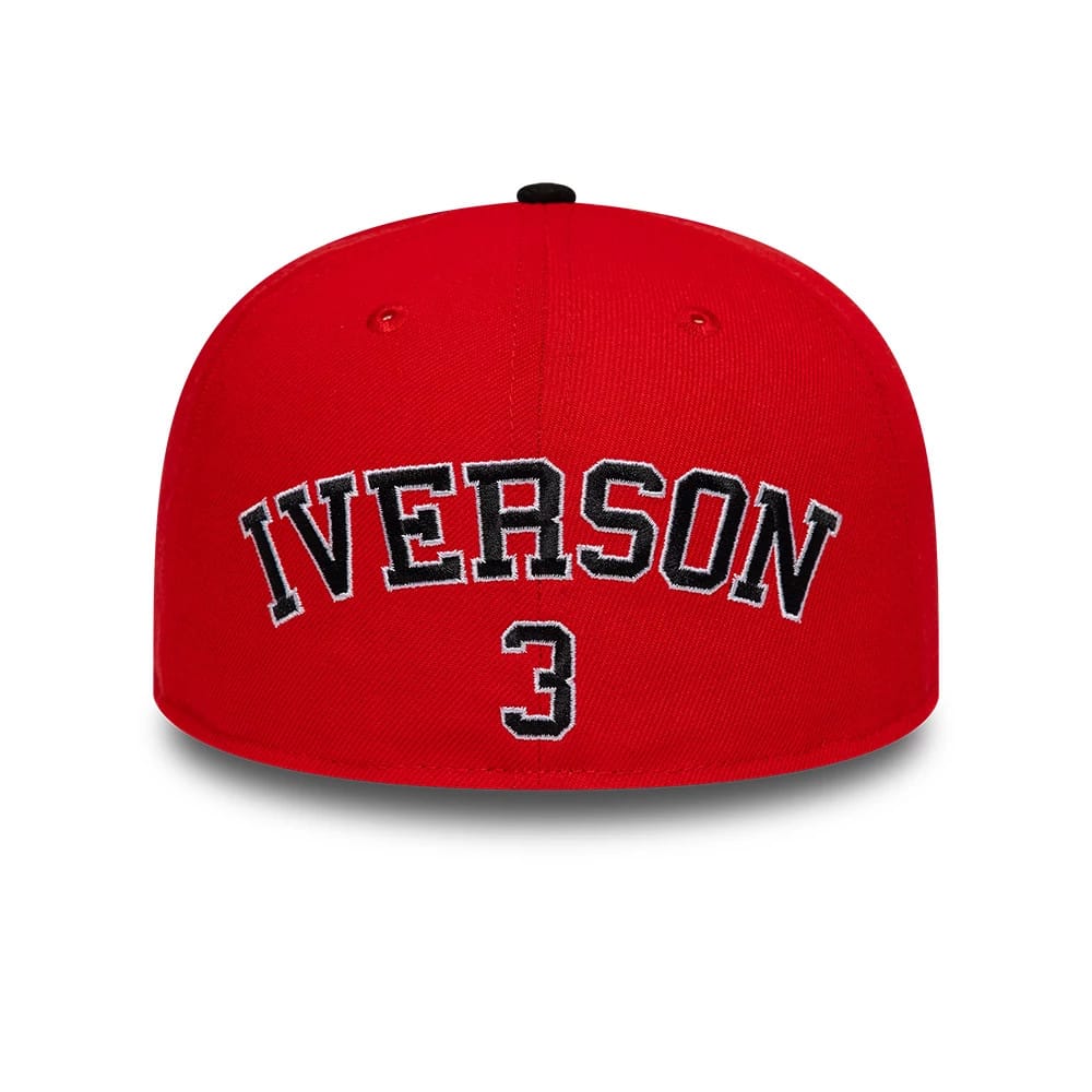 Philadelphia 76ers NBA Hardwood Classic Players Black New Era 59FIFTY Fitted Cap, rear view showing raised embroidery of 'Iverson' and the number '3' in black with white outlines across the back panels on a red structured crown.