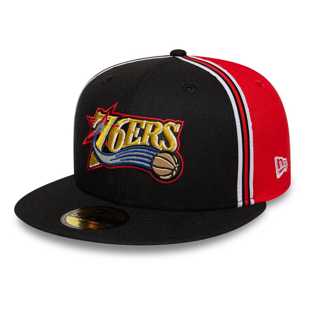 Philadelphia 76ers NBA Hardwood Classic Players Black New Era 59FIFTY Fitted Cap, front view showing the 76ers logo embroidered in gold and red on the black front panel, with a flat black visor and a gold 59FIFTY size sticker.