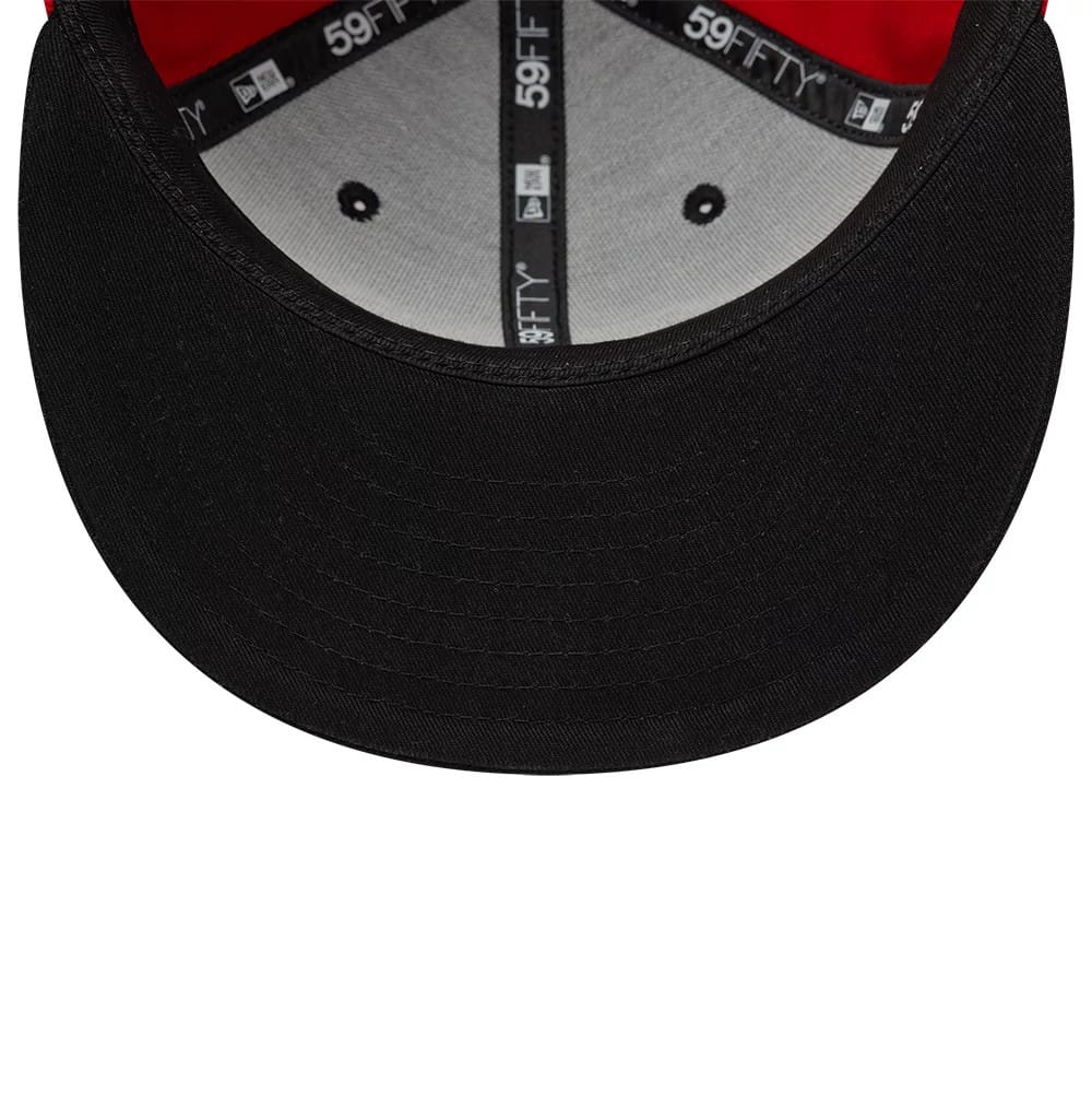 Philadelphia 76ers NBA Hardwood Classic Players Black New Era 59FIFTY Fitted Cap, inside view showing the grey undervisor, black sweatband and taping with New Era and 59FIFTY branding, and two black embroidered eyelets on the red lining.