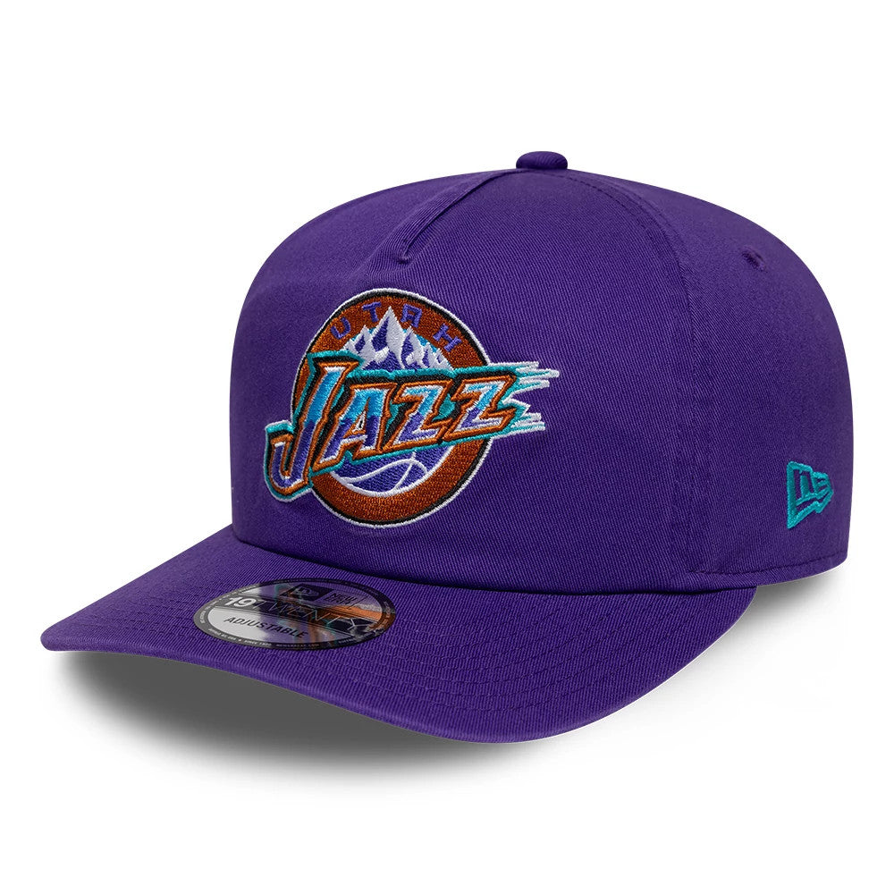 Utah Jazz NBA Hardwood Classic Purple New Era 19TWENTY Adjustable Cap, front view showing the colourful Utah Jazz logo in raised embroidery on the front panel, with a 19TWENTY size sticker on the curved purple visor.