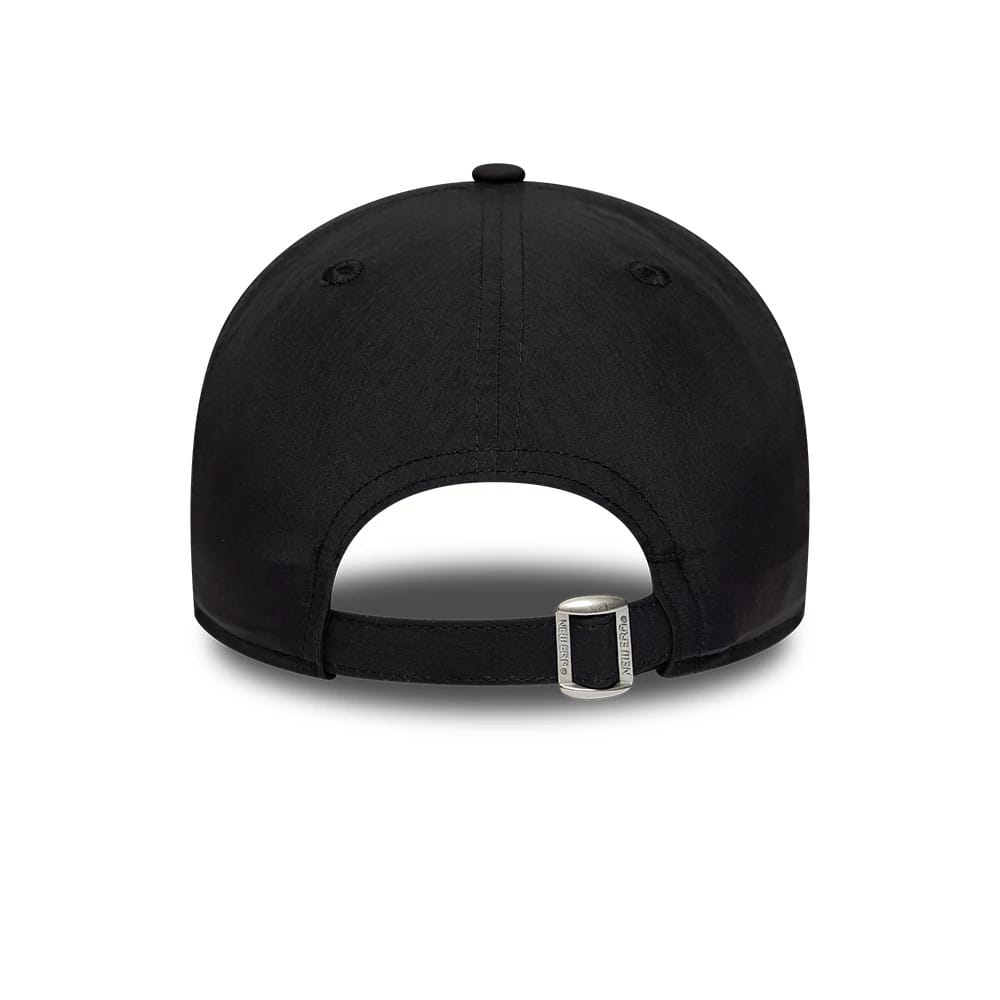 Toronto Raptors NBA Hardwood Classic Nylon Black New Era 9TWENTY Adjustable Cap, rear view showing a curved black visor, a black top button, and an adjustable strap featuring a silver buckle on the black unstructured crown.