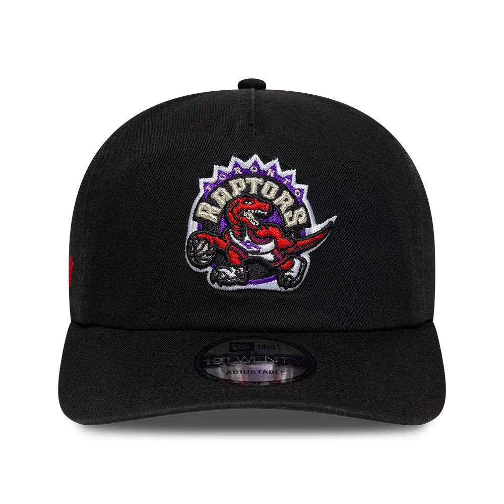 Toronto Raptors NBA Hardwood Classic Black New Era 19TWENTY Adjustable Cap, front view showing a colourful embroidered Raptors logo on the black crown, a curved visor and a 19TWENTY size sticker affixed prominently to the visor.