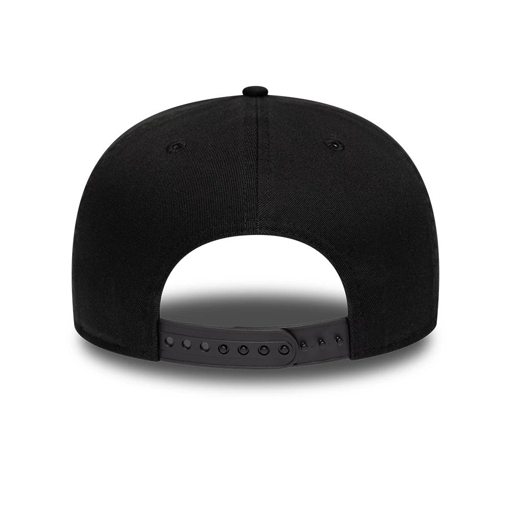 Toronto Raptors NBA Hardwood Classic Black New Era 19TWENTY Adjustable Cap, rear view showing a plain black back panel with eyelets and a matching black snap closure for adjustable sizing, enhancing its fitted structure.