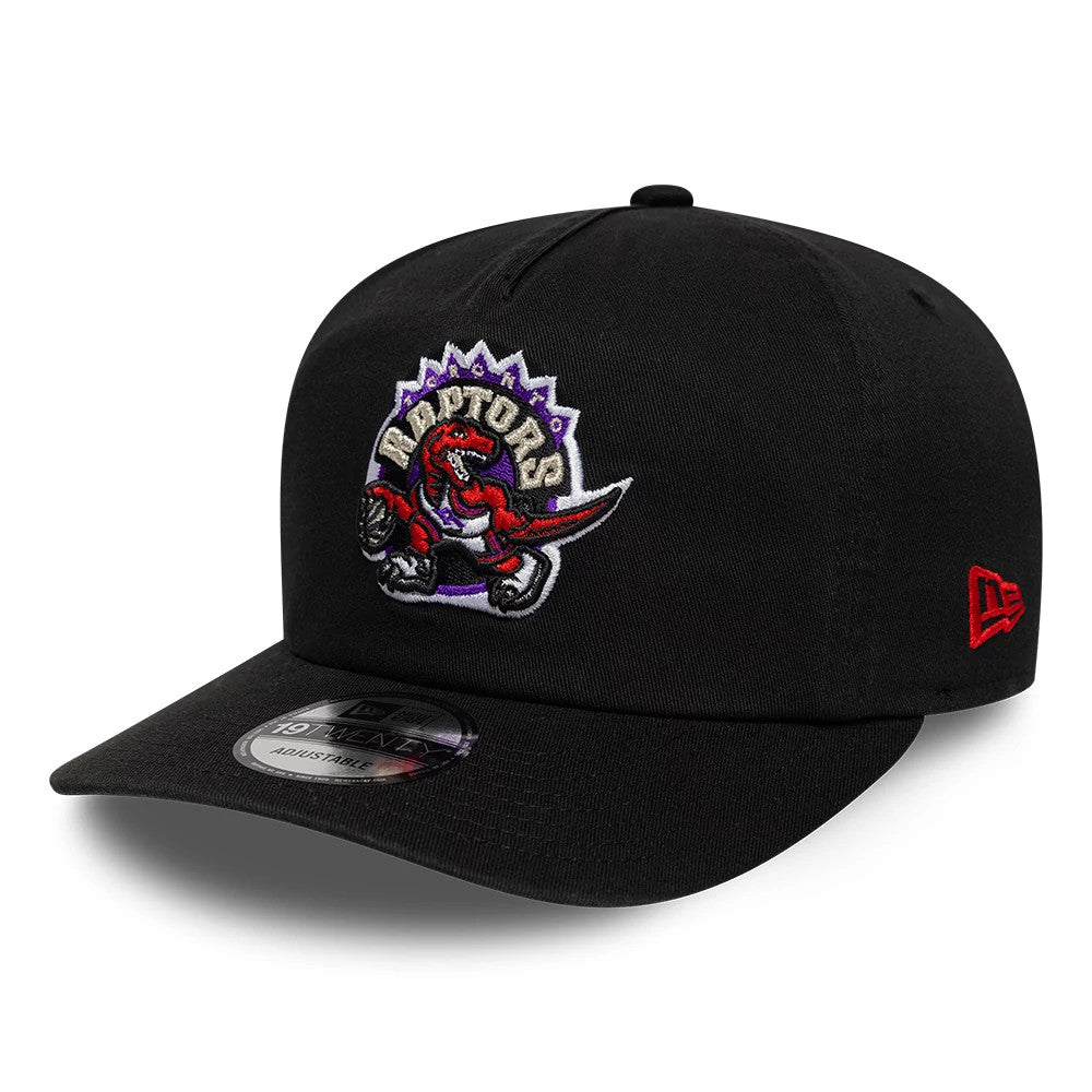 Toronto Raptors NBA Hardwood Classic Black New Era 19TWENTY Adjustable Cap, front view showing the raised embroidery of the red and purple Raptors logo on a black structured crown, with a matching visor and a 19TWENTY size sticker.