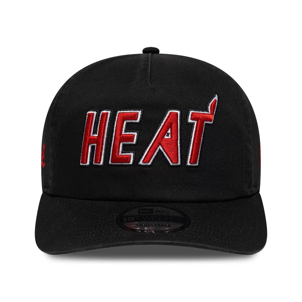 Miami Heat NBA Hardwood Classic Black New Era 19TWENTY Adjustable Cap, front view showing the red and white embroidered HEAT logo on the structured black crown, complemented by a black curved visor with a 19TWENTY size sticker at the centre.