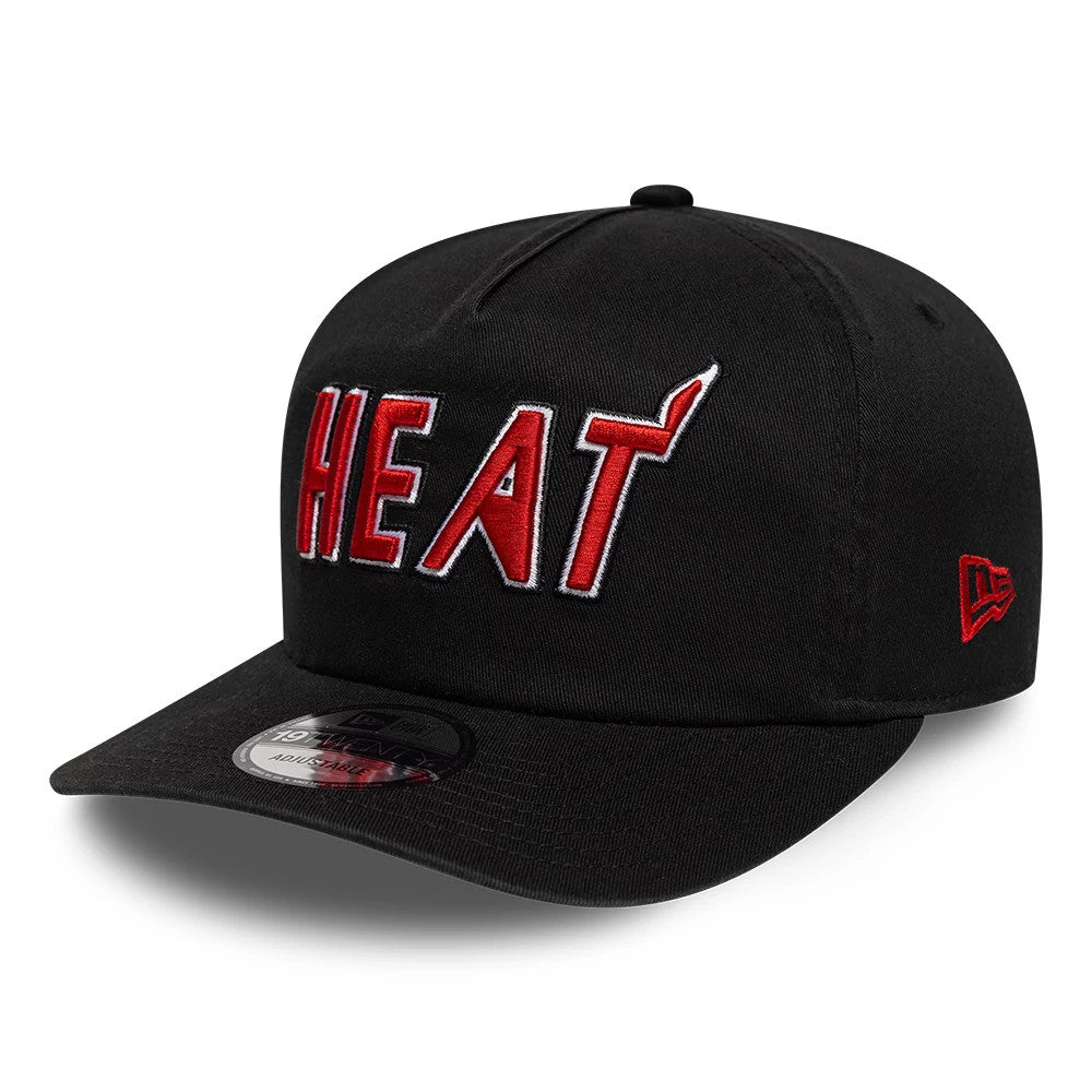 Miami Heat NBA Hardwood Classic Black New Era 19TWENTY Adjustable Cap, front view showing raised red HEAT lettering with white outline embroidered on the front panel, a black curved visor with a 19TWENTY size sticker.