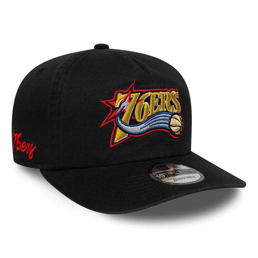 Philadelphia 76ers NBA Hardwood Classic Black New Era 19TWENTY Adjustable Cap, three-quarter view showing a large multicoloured 76ers logo embroidered on the front panel, a red 76ers script on the left side.