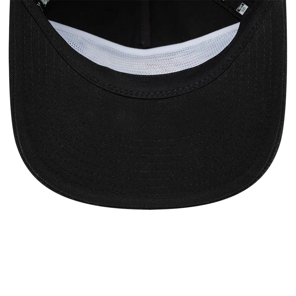 Philadelphia 76ers NBA Hardwood Classic Black New Era 19TWENTY Adjustable Cap, inside view showing the black undervisor, white mesh sweatband lining the crown interior, and branded taping along the seams.