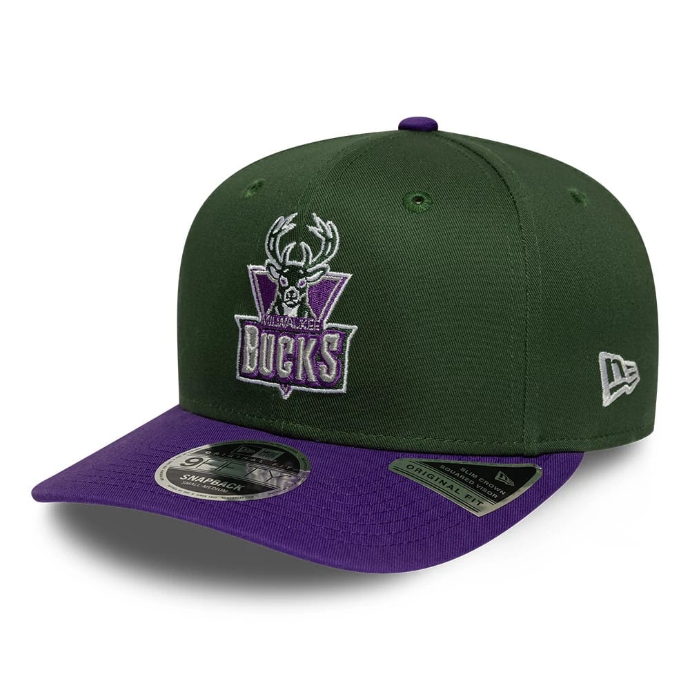 Bucks NBA Hardwood Classic Dark Green New Era 9FIFTY Snapback Adjustable Cap, front view with a purple embroidered Bucks logo on the front panel, purple curved visor and green 9FIFTY size sticker.