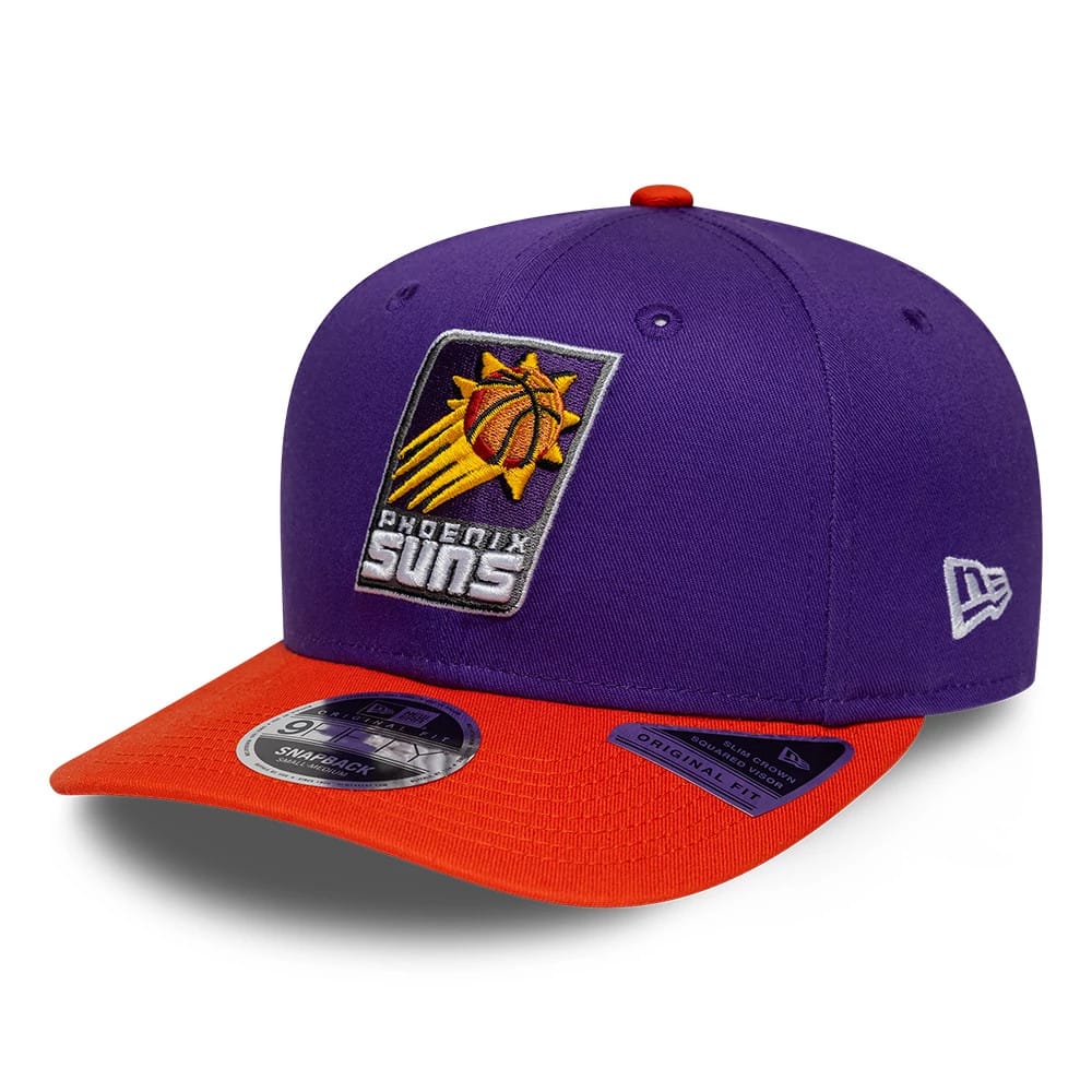 Phoenix Suns NBA Hardwood Classic Purple New Era 9FIFTY Snapback Adjustable Cap, front view showing the raised embroidered Phoenix Suns logo on the front panel, orange visor with a 9FIFTY size sticker and the New Era flag logo on the left side.