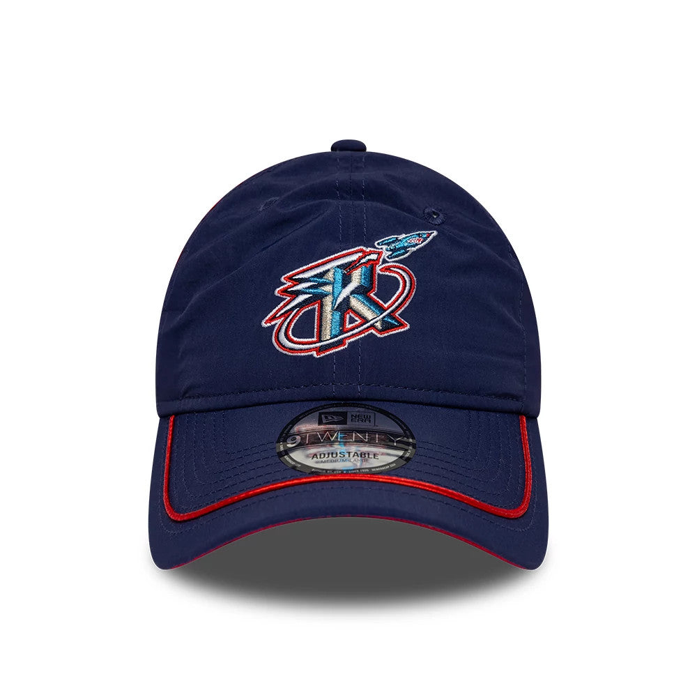Rockets NBA Hardwood Classic Nylon Dark Blue New Era 9TWENTY Adjustable Cap, front view showing the white, red, and blue embroidered Rockets logo on the structured crown, with red trim on the dark blue visor and a 9TWENTY size sticker.