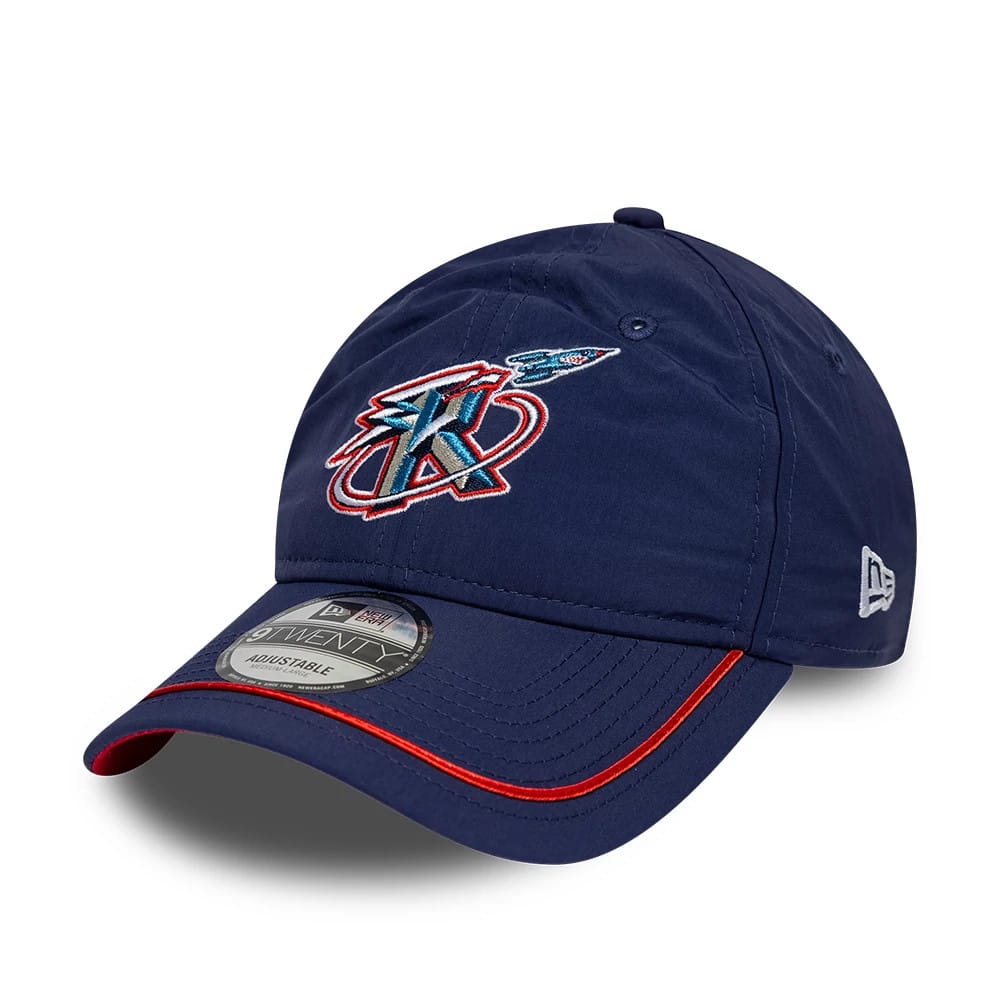 Rockets NBA Hardwood Classic Nylon Dark Blue New Era 9TWENTY Adjustable Cap, three-quarter view showing the colourful embroidered logo on the front panel, curved dark blue visor with red trim, and New Era flag logo on the left side.