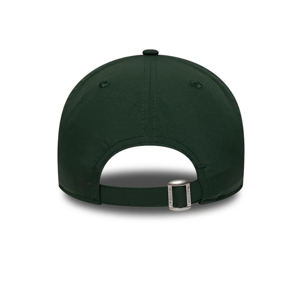 Supersonics NBA Hardwood Classic Nylon Green New Era 9TWENTY Adjustable Cap, rear view showing a buckle on the adjustable strap, with embroidered eyelets and a top button on the dark green crown for added detail.