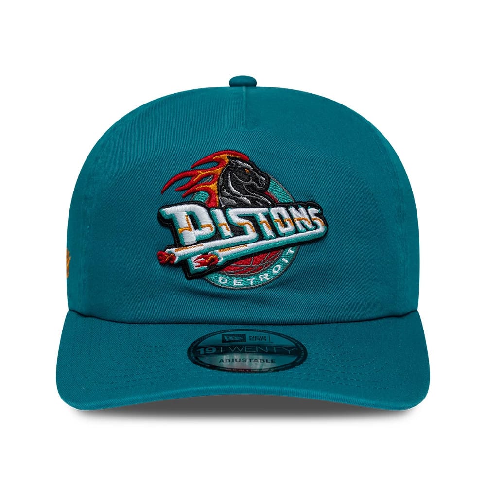 Detroit Pistons NBA Hardwood Classic Turquoise New Era 19TWENTY Adjustable Cap, front view showing the embroidered Pistons logo with a black horse and flames in colours on the centre front panel, matched with a flat visor and a 19TWENTY size sticker.