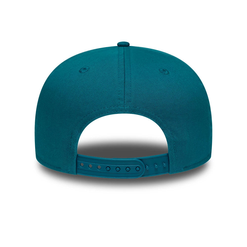 Detroit Pistons NBA Hardwood Classic Turquoise New Era 19TWENTY Adjustable Cap, rear view showing a turquoise crown with a matching top button, two embroidered eyelets, and a plastic strap for size adjustment.