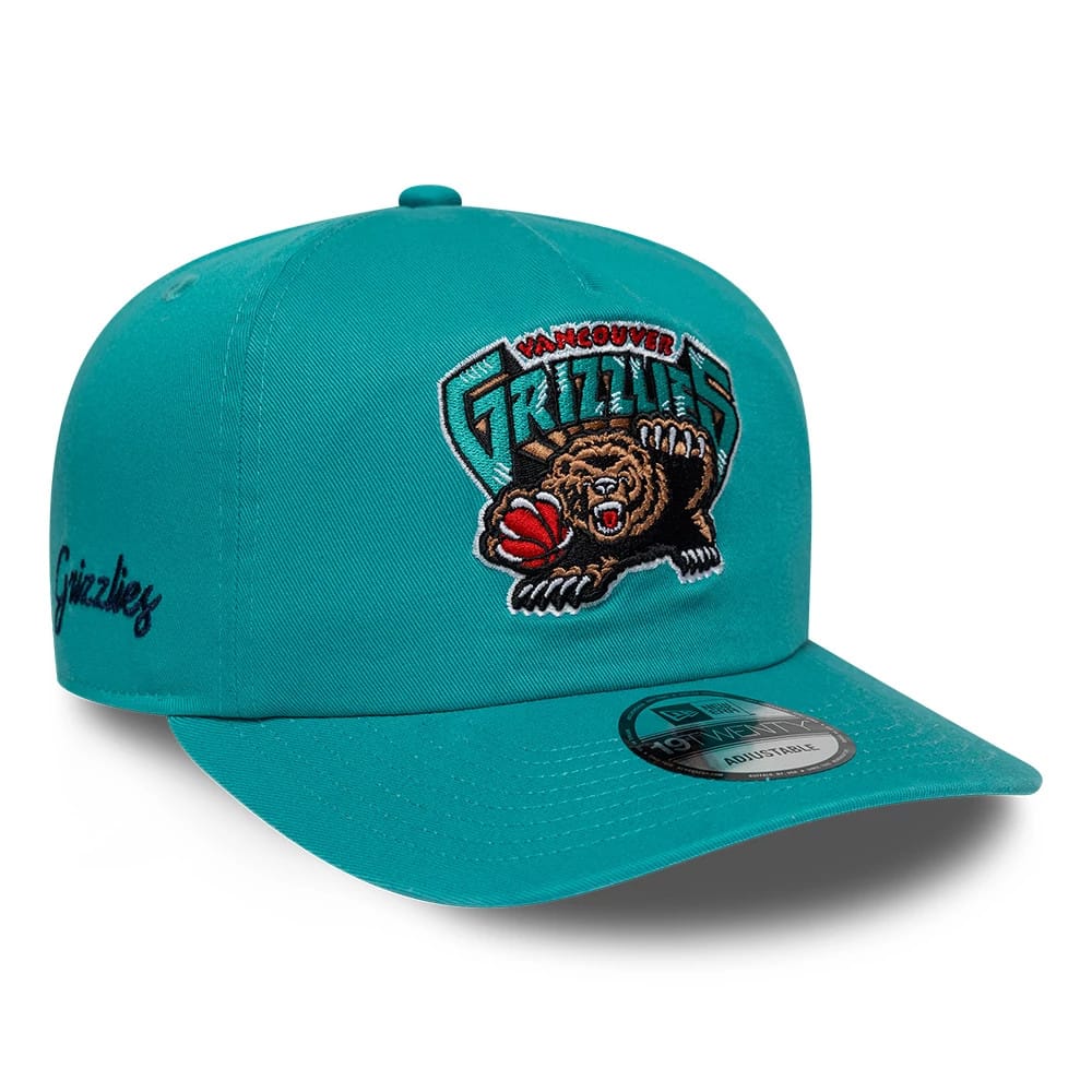 Grizzlies NBA Hardwood Classic Turquoise New Era 19TWENTY Adjustable Cap, three-quarter view showing the embroidered Grizzlies logo with a bear and basketball on the front panel, a curved turquoise visor, and a New Era 19TWENTY size sticker.