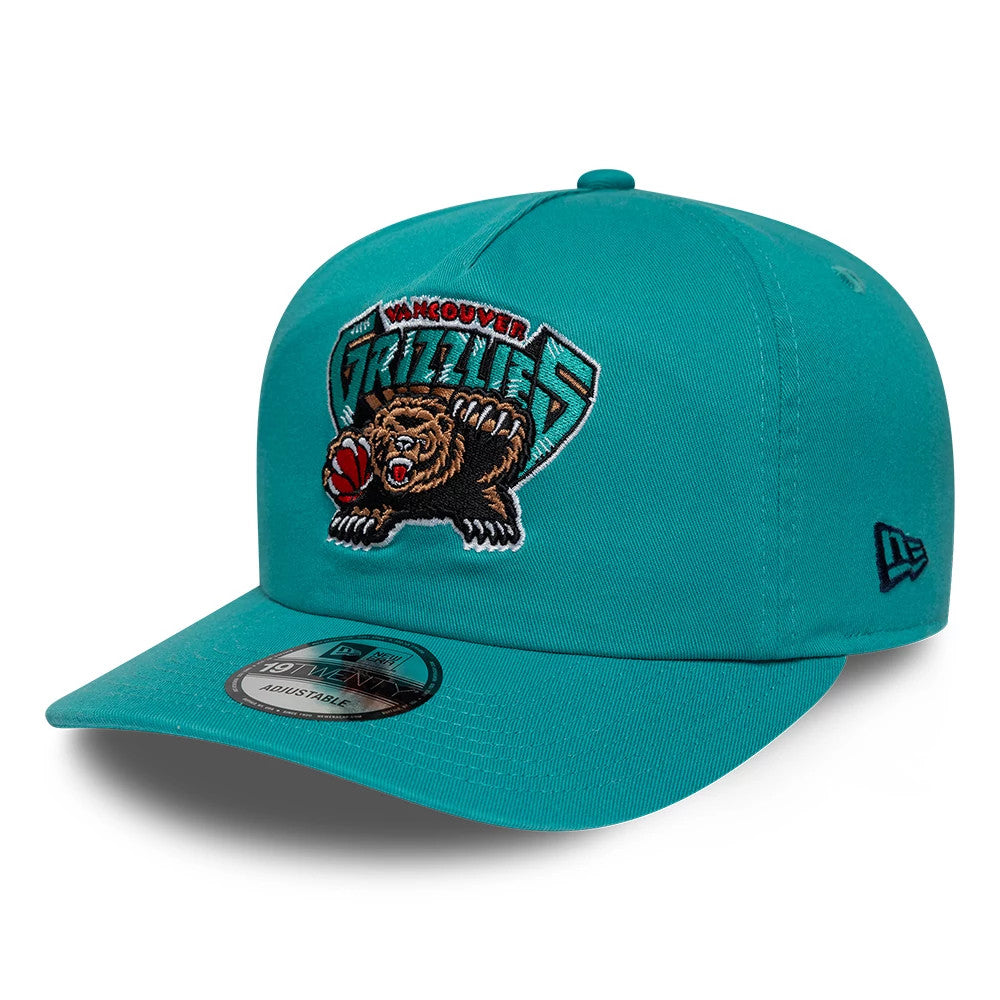 Grizzlies NBA Hardwood Classic Turquoise New Era 19TWENTY Adjustable Cap, front view showing a large embroidered Grizzlies logo on the centre front, a flat turquoise visor with a 19TWENTY size sticker, and the New Era flag logo on the left side.