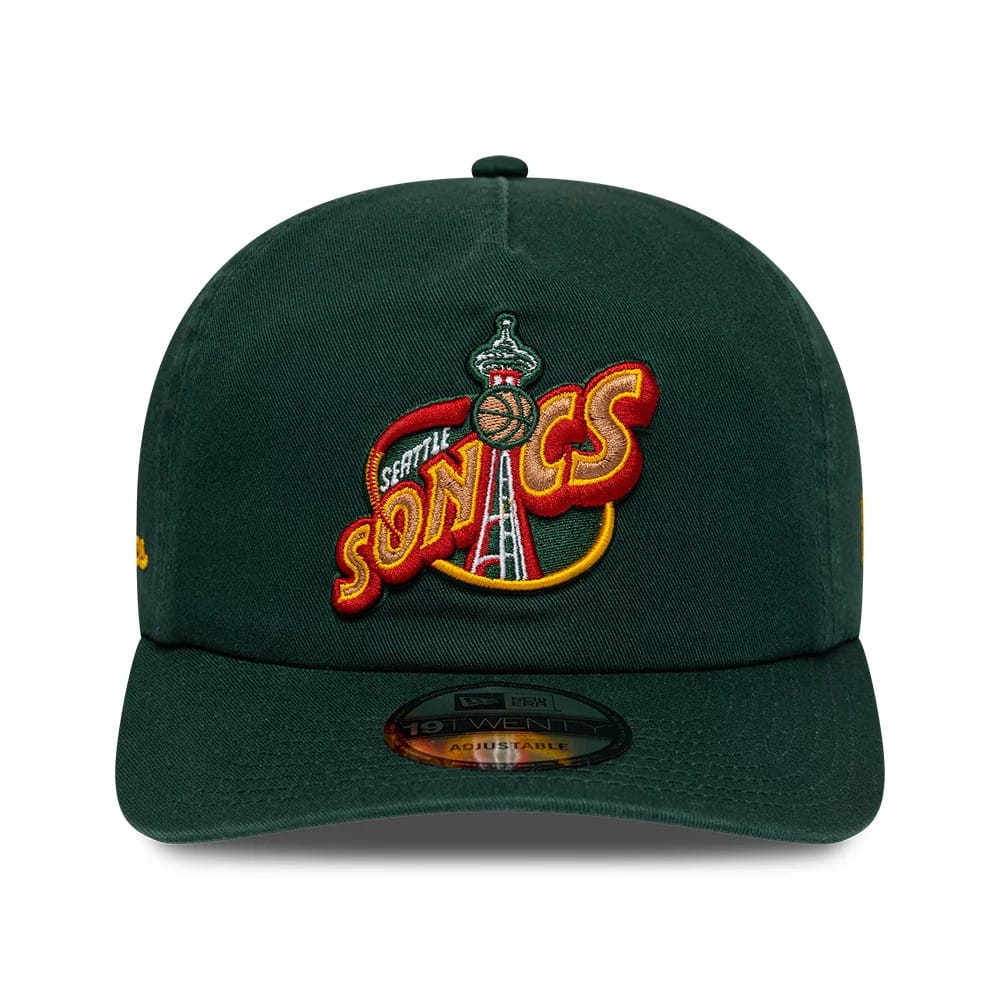 Supersonics NBA Hardwood Classic Dark Green New Era 19TWENTY Adjustable Cap, front view showing the raised red and yellow embroidered Sonics logo with a tower and basketball on the front panel, and a black 19TWENTY size sticker on the visor.