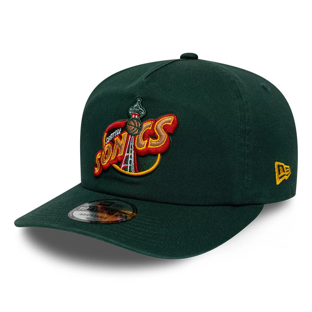 Supersonics NBA Hardwood Classic Dark Green New Era 19TWENTY Adjustable Cap, front view showing a red, yellow, and green embroidered Sonics logo on the front panel, a dark green curved visor with a 19TWENTY size sticker, and New Era flag logo.