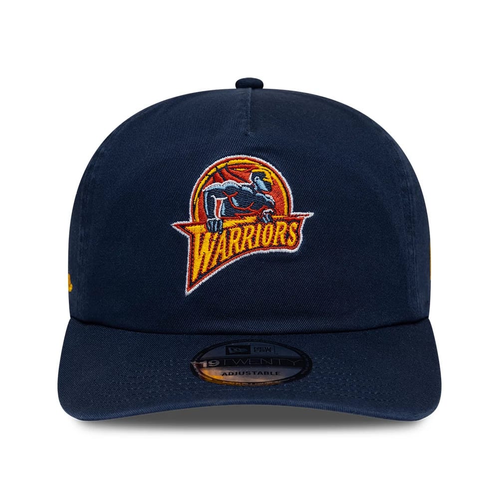 Warriors NBA Hardwood Classic Dark Blue New Era 19TWENTY Adjustable Cap, front view showing a colourful embroidered Warriors logo on the dark blue front panel, with a curved visor and a black 19TWENTY size sticker on the centre.