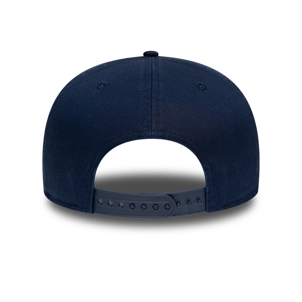 Warriors NBA Hardwood Classic Dark Blue New Era 19TWENTY Adjustable Cap, rear view showing an arched dark blue crown with eyelets, an adjustable snapback closure, and seamless panel stitching for a look.