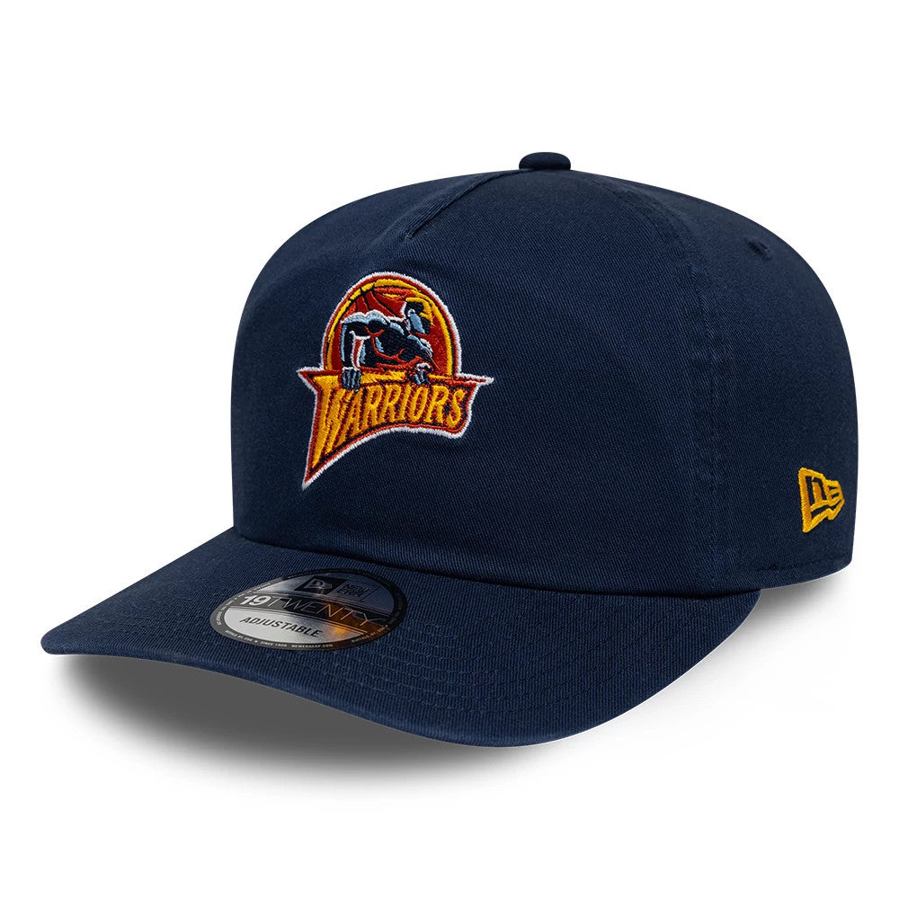 Warriors NBA Hardwood Classic Dark Blue New Era 19TWENTY Adjustable Cap, front view showing the raised embroidered Warrior logo on the front panel, dark blue curved visor with a 19TWENTY size sticker, and yellow New Era flag logo on the left side.