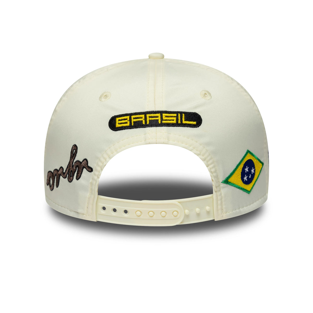 Red Bull Racing Brazil Race Special Isack Hadjar Cream New Era 9SEVENTY Stretch Snap Adjustable Cap, rear view showing embroidered Brasil lettering in yellow and black, the adjustable snap closure, and the Brazilian flag on the right side.