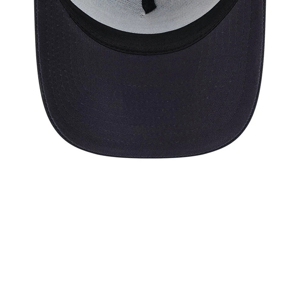 Red Bull Racing Yeti X Red Bull Racing Black New Era 9FORTY A-Frame Trucker Adjustable Cap, inside view the black sweatband, grey mesh panels, and underside of the black curved visor, revealing the cap’s internal structure and stitching.