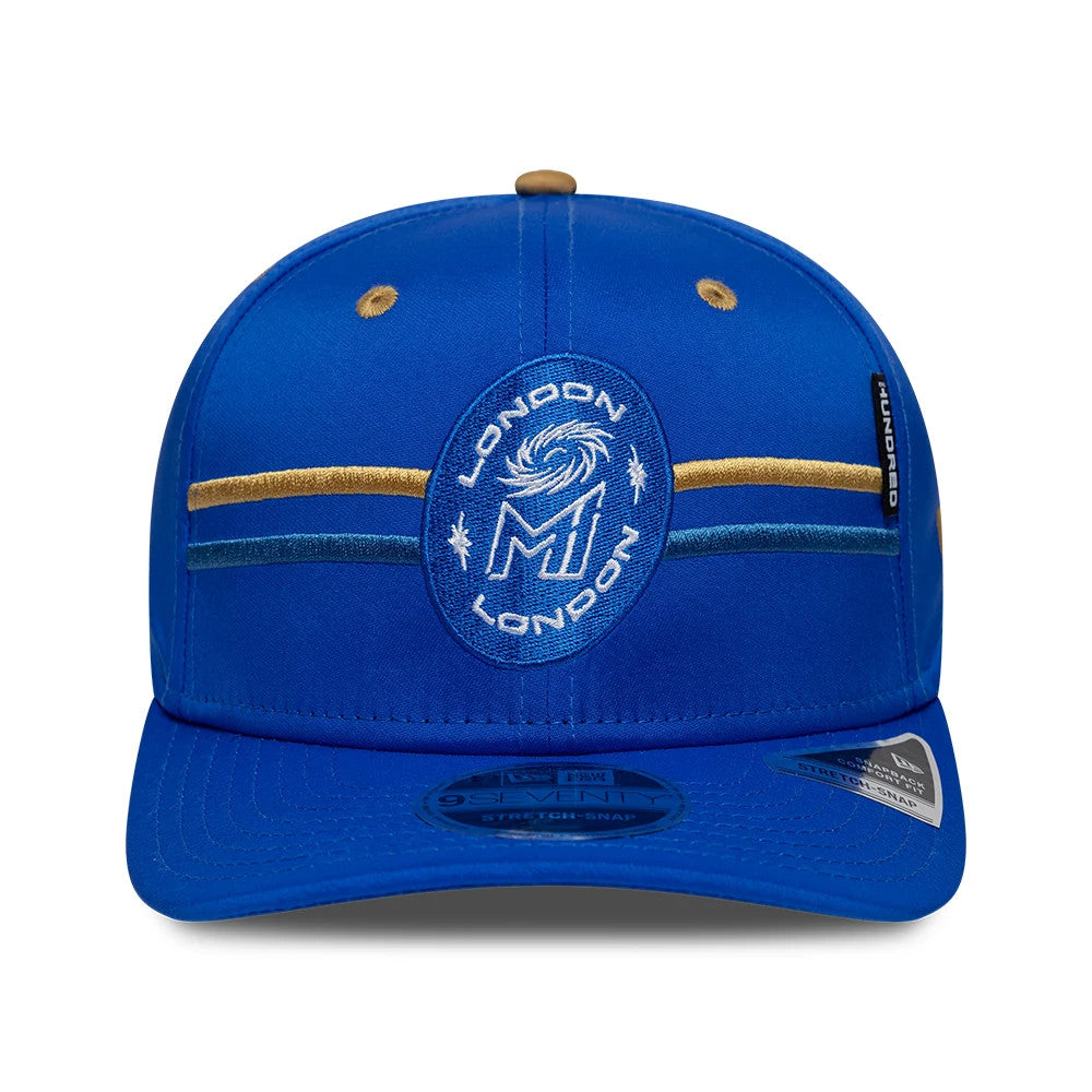 MI London The Hundred 2026 Bright Blue New Era 9SEVENTY Stretch Snap Adjustable Cap, front view showing the white and blue embroidered MI London logo on the centre front panel, flanked by gold and blue stripes on the structured bright blue crown.
