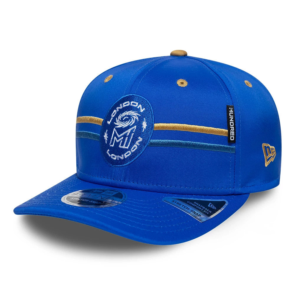 MI London The Hundred 2026 Bright Blue New Era 9SEVENTY Stretch Snap Adjustable Cap, three-quarter view showing the raised embroidered London logo on the front panel, dual coloured stripes running across, and gold New Era flag logo on the left side.
