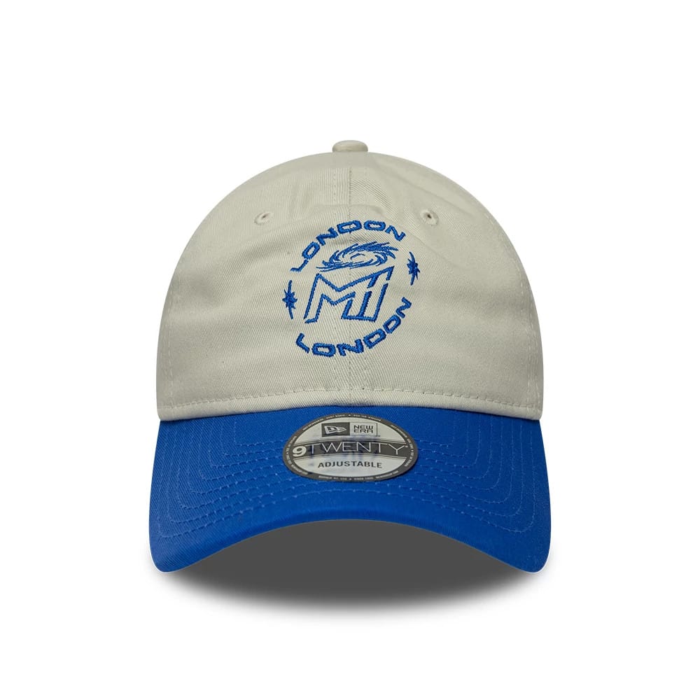 Pictured is this The Hundred 2026 MI London 9TWENTY Adjustable cap in light beige & blue. 2
