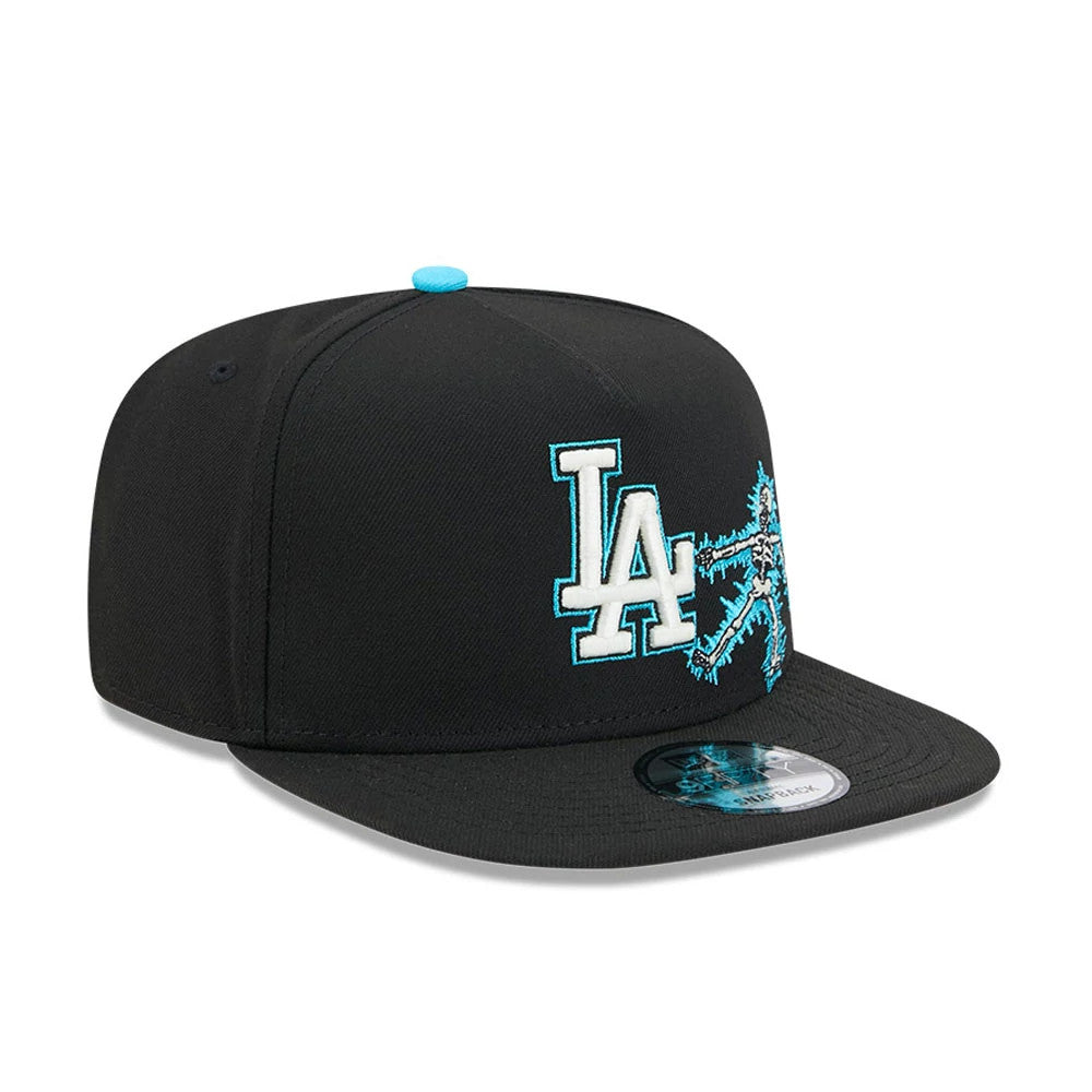 LA Dodgers MLB Electrocute Black New Era 9FIFTY A-Frame Snapback Adjustable Cap, three-quarter view showing a raised white and teal LA logo with an electrifying design on the front panel, paired with a teal top button.