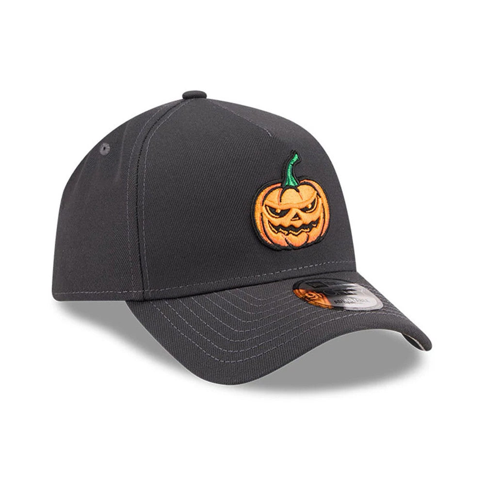 New Era Jack O Lantern Black 9FORTY A-Frame Adjustable Cap, three-quarter view showing a orange embroidered pumpkin face on the front panel, curved black visor with stitching, and a 9FORTY size sticker on the top.