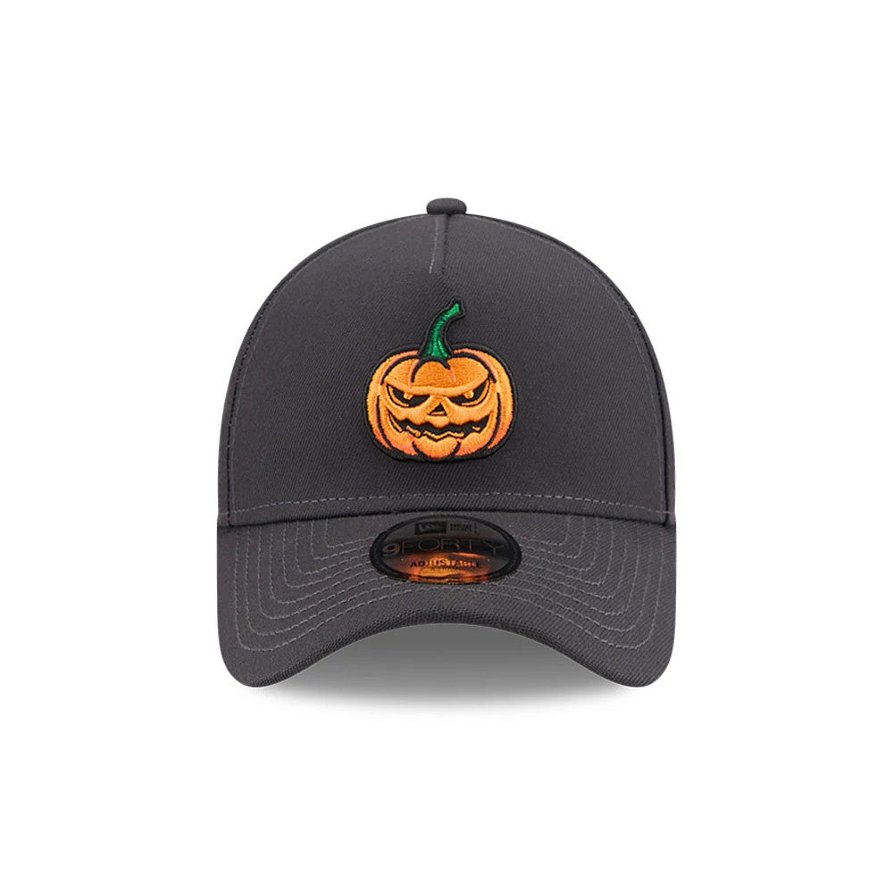 New Era Jack O Lantern Black 9FORTY A-Frame Adjustable Cap, front view showing an orange embroidered pumpkin logo with a green stem on the centre front panel, black curved visor and a 9FORTY size sticker underneath.